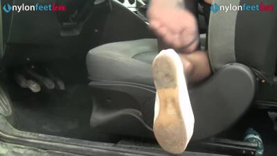 Redhead shows off panties and stockings in car and drives on youpornvideos.one