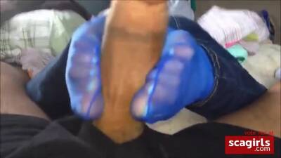 Footjob in blue nylon socks on youpornvideos.one