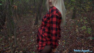 Beautiful Busty Blonde takes her clothes off in the woods before fucking on youpornvideos.one