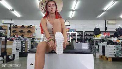 No panties upskirt in a shoe store on youpornvideos.one