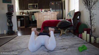 Aurora Willows, Behind The Scenes Yoga Workout In White Yoga Pants And Bare Feet, No Panties on youpornvideos.one