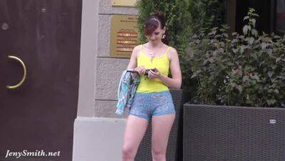 Jeny Smith walks in public with transparent shorts. Real flashing moments on youpornvideos.one