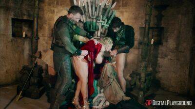 Busty blonde whore fucked on the iron throne and soaked in sperm on youpornvideos.one