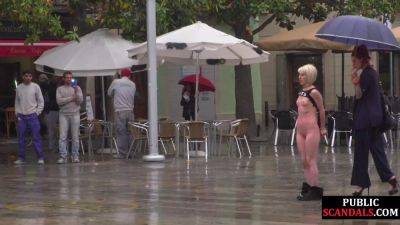 Public perverted naked slut seduced by BDSM lady outdoor on youpornvideos.one